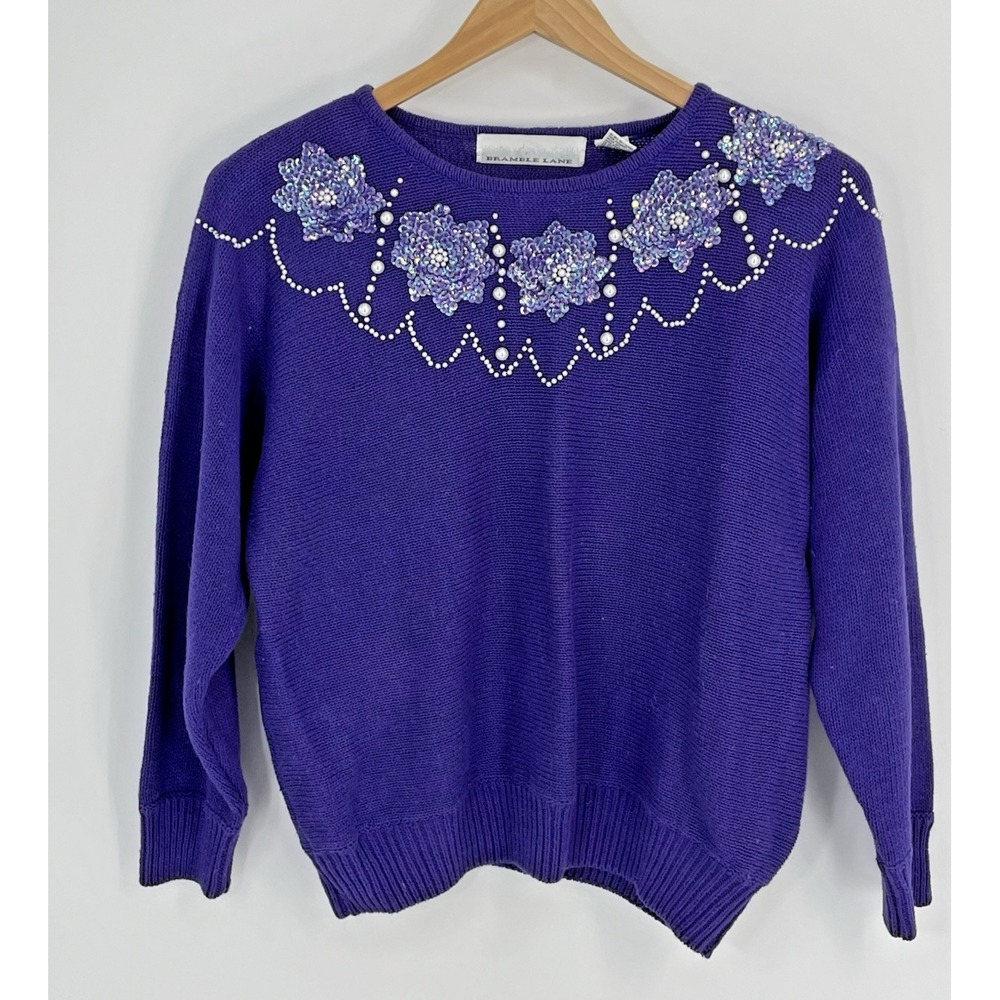 VTG Bramble Lane Womens Med‎ Sweater Purple Rhinestones Sequins Holiday Party